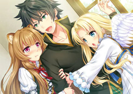 HD desktop wallpaper featuring Naofumi Iwatani, Raphtalia, and Filo from the anime The Rising of the Shield Hero, displaying a joyful and lively scene with vibrant colors and expressive characters.