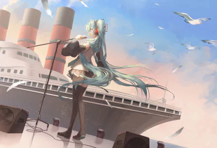 HD PC desktop wallpaper featuring Hatsune Miku from Vocaloid, depicted singing on a ship's deck with seagulls and a pastel sky in the background.