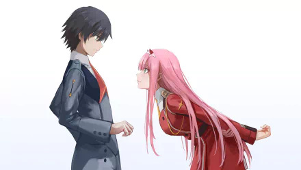 Zero Two and Hiro from Darling in the FranXX stand facing each other, with Zero Two leaning forward. This HD anime wallpaper captures their dynamic interaction and intense expressions.