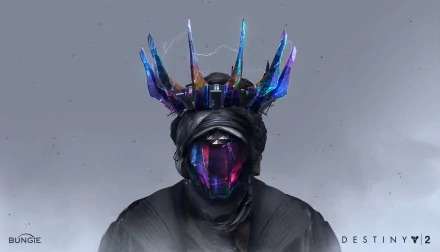 HD Destiny 2 PC desktop wallpaper featuring a mysterious armored character with a glowing, horned helmet against a gray background.