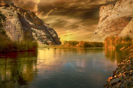 4K Ultra HD desktop wallpaper featuring a serene lake surrounded by rocky cliffs and autumn trees under a dramatic golden sky.