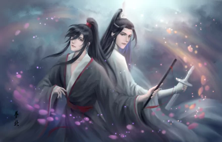 Anime-style 4K Ultra HD wallpaper of Wei Wuxian and Lan Wangji from Mo Dao Zu Shi, featuring dynamic poses and ethereal lighting effects.