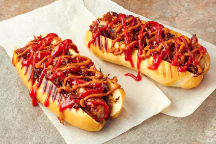 4K Ultra HD desktop wallpaper featuring two hot dogs topped with grilled onions, ketchup, and mustard on parchment paper.