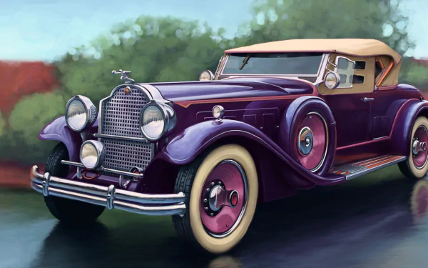 HD desktop wallpaper featuring a classic purple Packard vehicle with whitewall tires and a tan convertible top against a blurred natural background.
