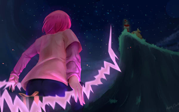 Anime HD desktop wallpaper featuring Gowther from The Seven Deadly Sins with pink hair, holding a glowing, jagged weapon under a starry night sky.