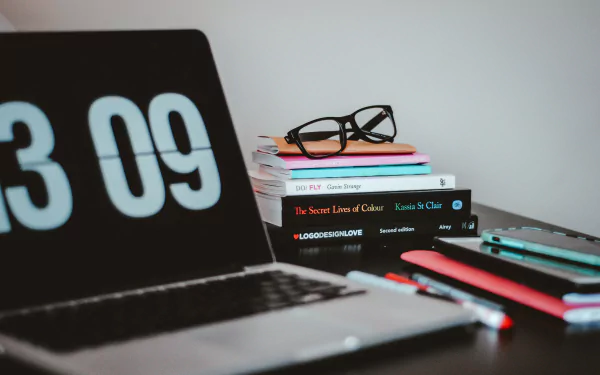 HD desktop wallpaper featuring a modern laptop on a desk with stacked books, glasses, and pens, blending technology and decoration elements seamlessly.