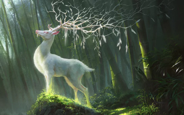A white deer with intricate, branch-like antlers stands gracefully on a mossy mound in a dense bamboo forest, glowing softly in this fantasy HD desktop wallpaper.