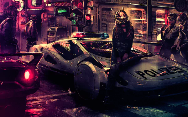 HD cyberpunk-themed desktop wallpaper featuring a futuristic cityscape with neon lights, advanced cars, and shadowy figures.