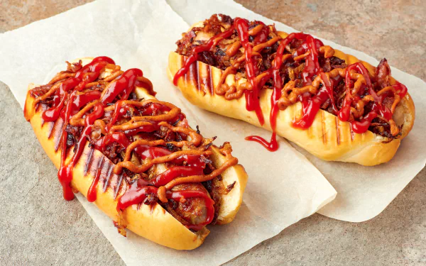 4K Ultra HD desktop wallpaper featuring two hot dogs topped with grilled onions, ketchup, and mustard on parchment paper.