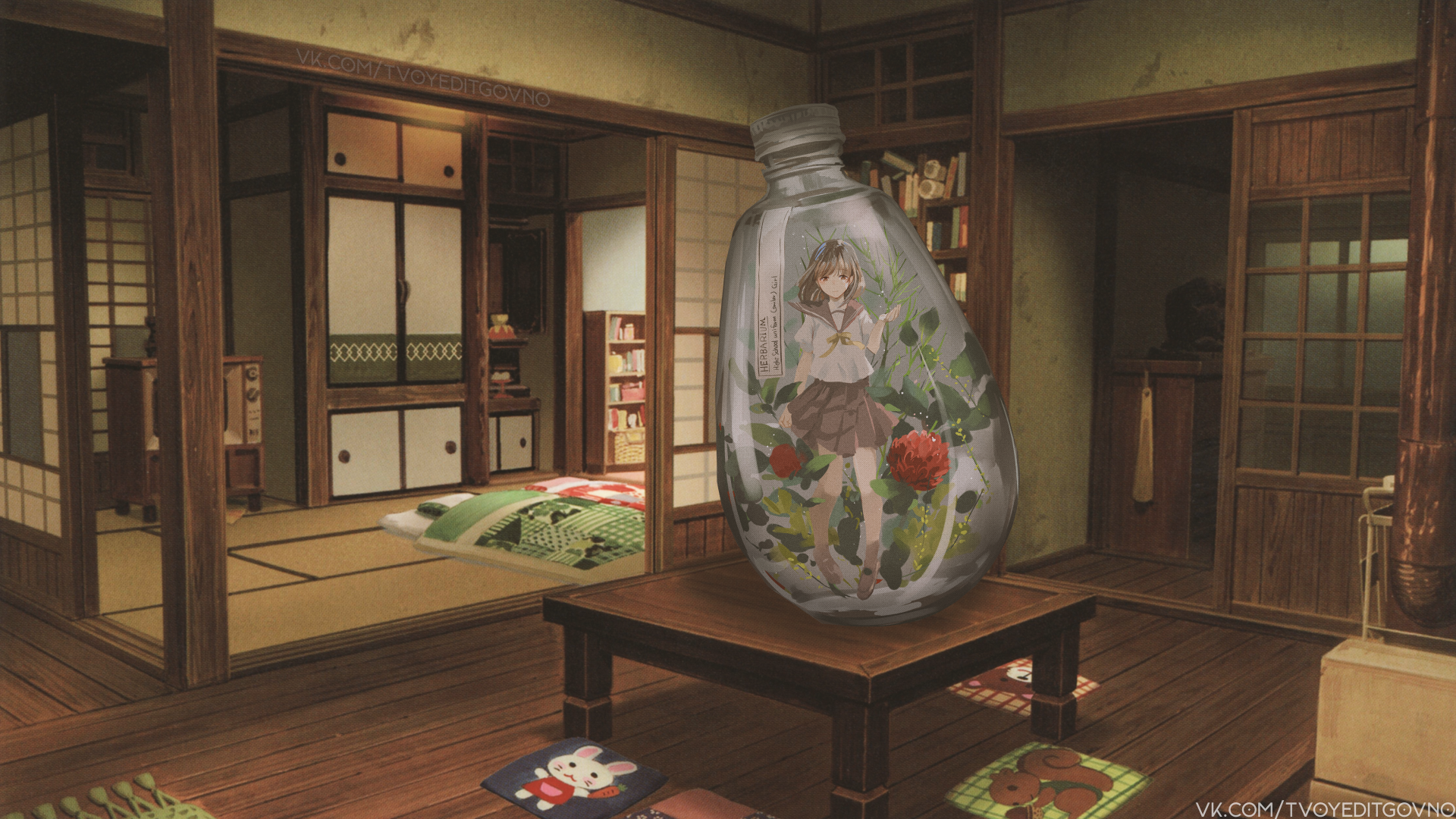Anime-style 4K Ultra HD desktop wallpaper featuring a detailed original illustration of a cozy wooden room with a transparent bottle containing a girl and flowers on the table.