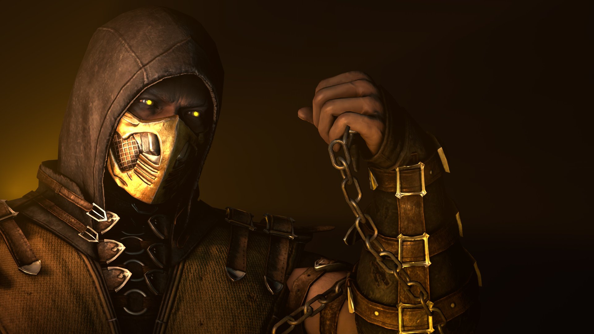 Scorpion from Mortal Kombat X is depicted in a detailed 4K Ultra HD PC desktop wallpaper, holding a chain with a dark, intense background.