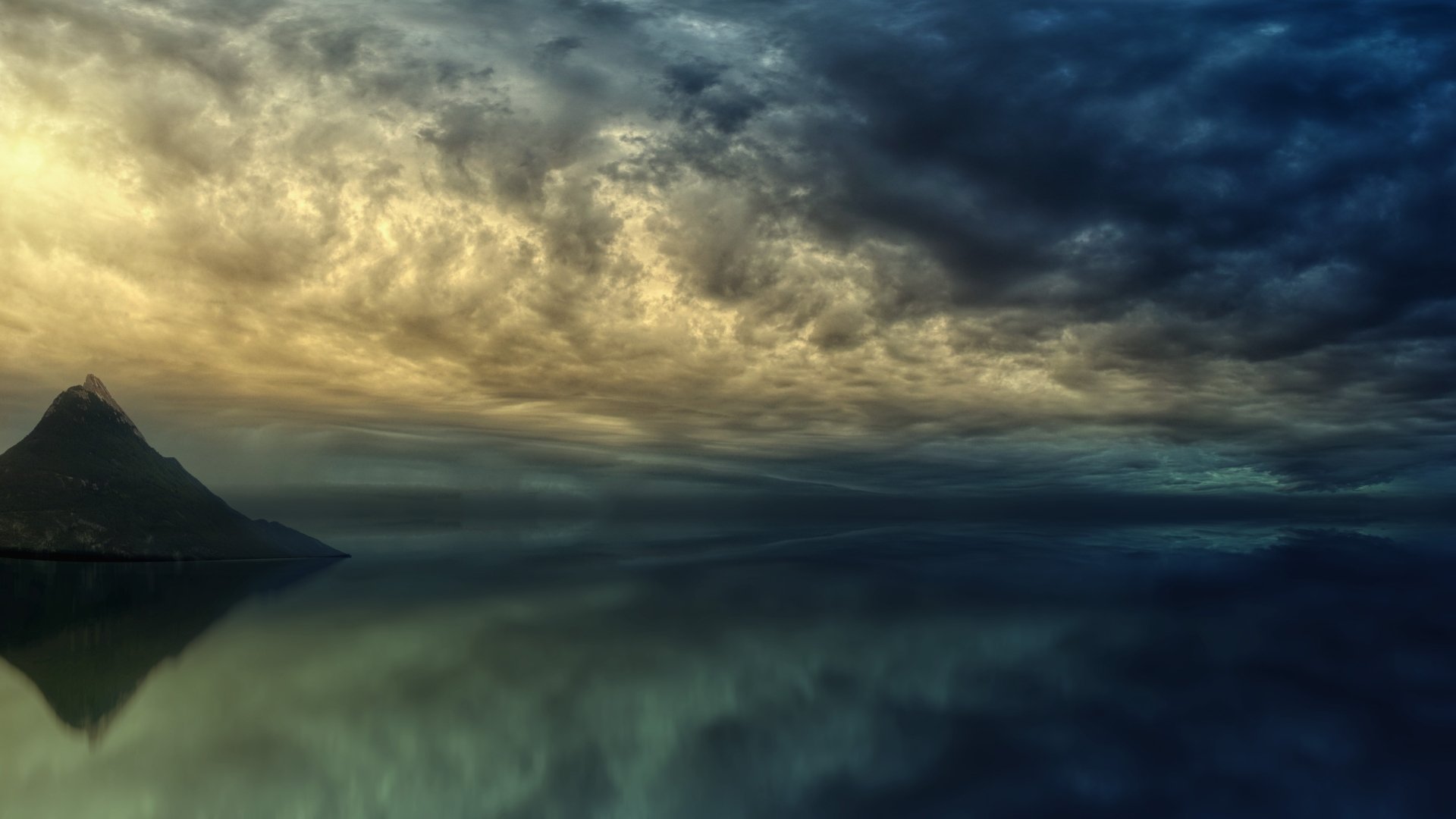 4K Ultra HD wallpaper of a peaceful ocean reflecting dramatic clouds above a distant island, showcasing serene nature.
