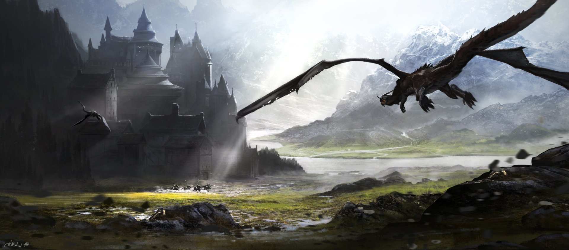 Download Sunbeam Castle Fantasy Dragon HD Wallpaper by Alejandro Olmedo