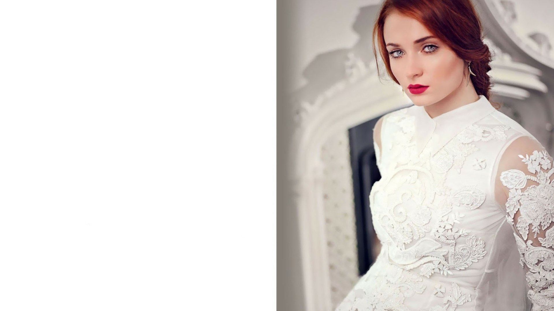 Portrait of celebrity Sophie Turner in a white lace dress, featured as a 4K Ultra HD PC desktop wallpaper and background.