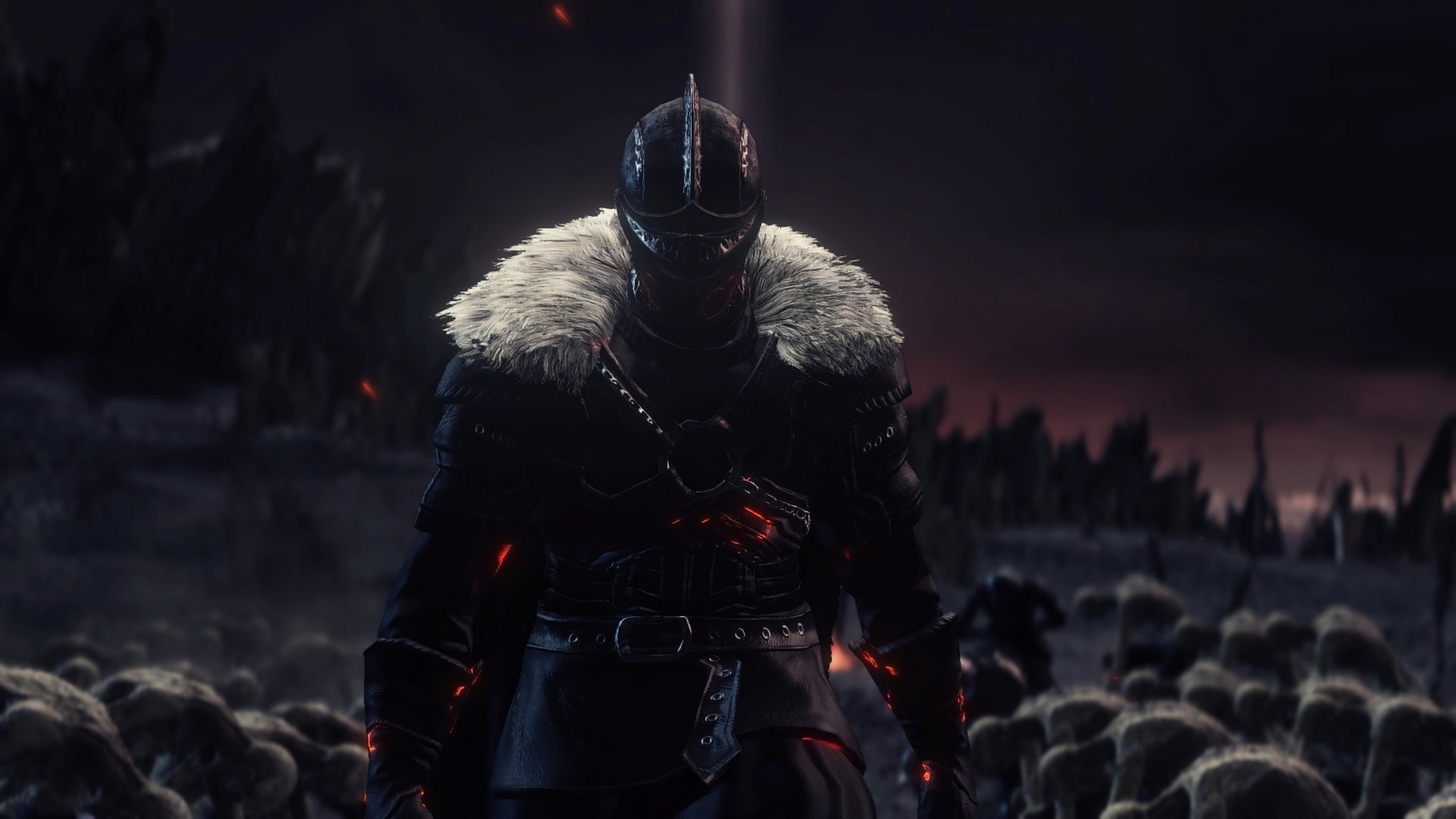 Dark Souls III HD PC wallpaper featuring a dark, armored warrior standing against a shadowy battlefield, capturing the game's intense and atmospheric tone.