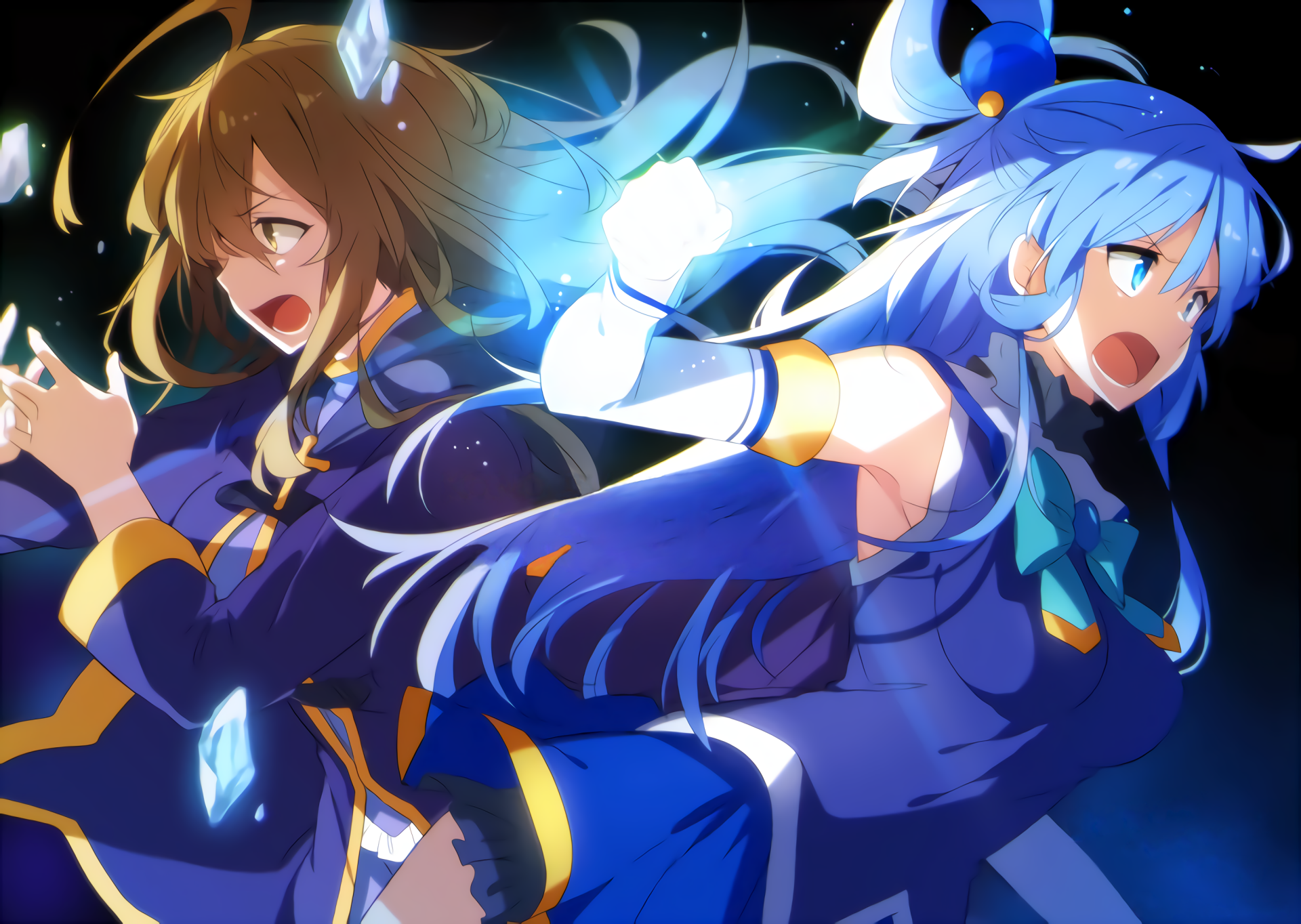 HD desktop wallpaper featuring Wiz and Aqua from the anime KonoSuba – God’s Blessing on This Wonderful World!! The vibrant artwork showcases Wiz and Aqua in dynamic poses against a dark background.