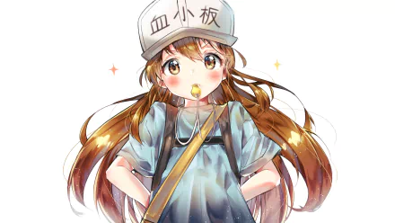 Platelet (Cells at Work!) anime character with hat and whistle, smiling against a white background — 4K Ultra HD PC desktop wallpaper/background.