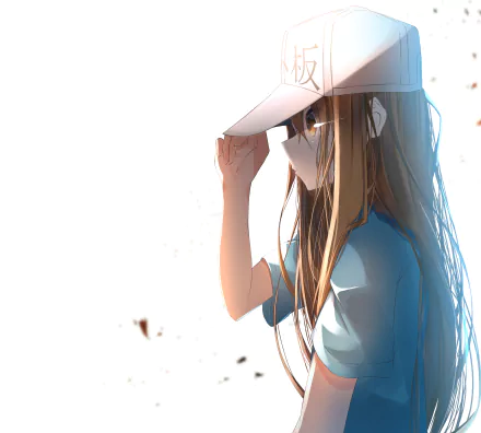 Anime-style 4K Ultra HD desktop wallpaper featuring Platelet from Cells at Work!, shown adjusting her hat with soft lighting and detailed shading.