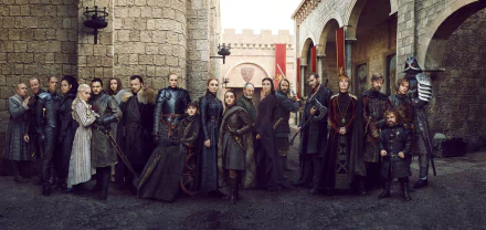 HD desktop wallpaper featuring a lineup of characters from Game of Thrones, posed sternly in a medieval courtyard setting.