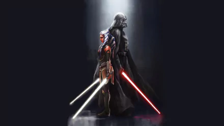 HD desktop wallpaper featuring Darth Vader and Ahsoka Tano from the TV show Star Wars Rebels, standing back-to-back with glowing lightsabers.