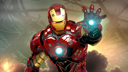 4K Ultra HD comic-style PC desktop wallpaper featuring Iron Man in his iconic red and gold armor, with Tony Stark’s powerful repulsor blast activated.