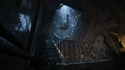 HD PC desktop wallpaper featuring a sci-fi scene with an astronaut floating inside a dimly lit, graffiti-covered industrial stairwell.