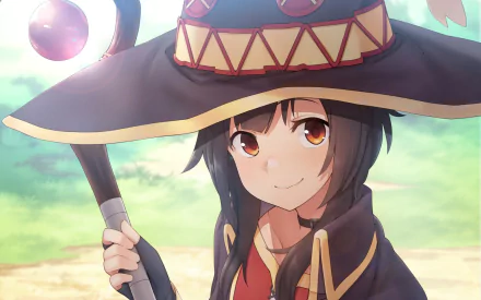 Megumin from KonoSuba stands smiling in an outdoor setting, holding her staff. This HD desktop wallpaper showcases her in vibrant colors from the anime KonoSuba - God’s blessing on this wonderful world!!