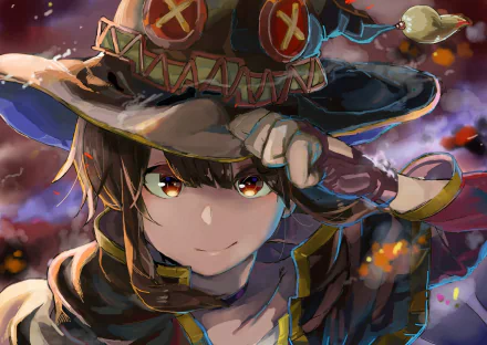 HD desktop wallpaper featuring Megumin from KonoSuba, depicted with a confident smile, adjusting her iconic hat under a dramatic evening sky.