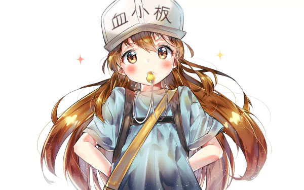 Platelet (Cells at Work!) anime character with hat and whistle, smiling against a white background — 4K Ultra HD PC desktop wallpaper/background.