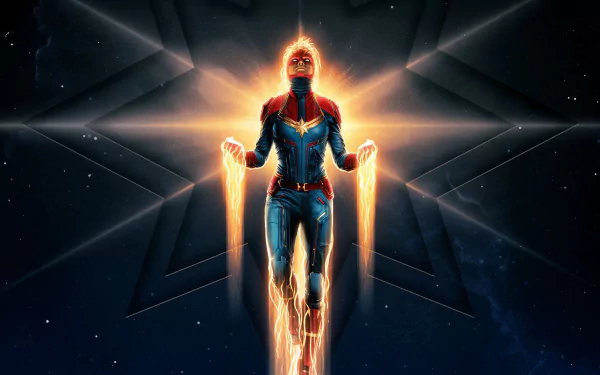 HD PC desktop wallpaper of Captain Marvel in a powerful glowing pose, set against a cosmic background with star-shaped light effects.