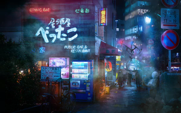 HD wallpaper of a sci-fi city street at night, illuminated by neon signs and vibrant lights, featuring futuristic buildings and people walking.