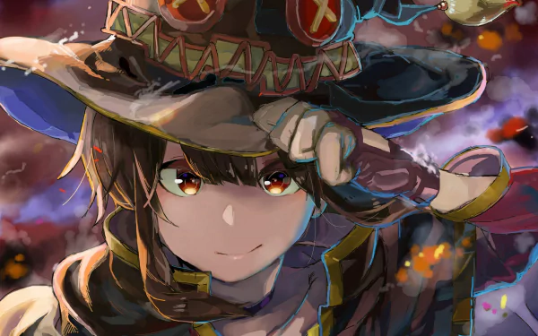 HD desktop wallpaper featuring Megumin from KonoSuba, depicted with a confident smile, adjusting her iconic hat under a dramatic evening sky.