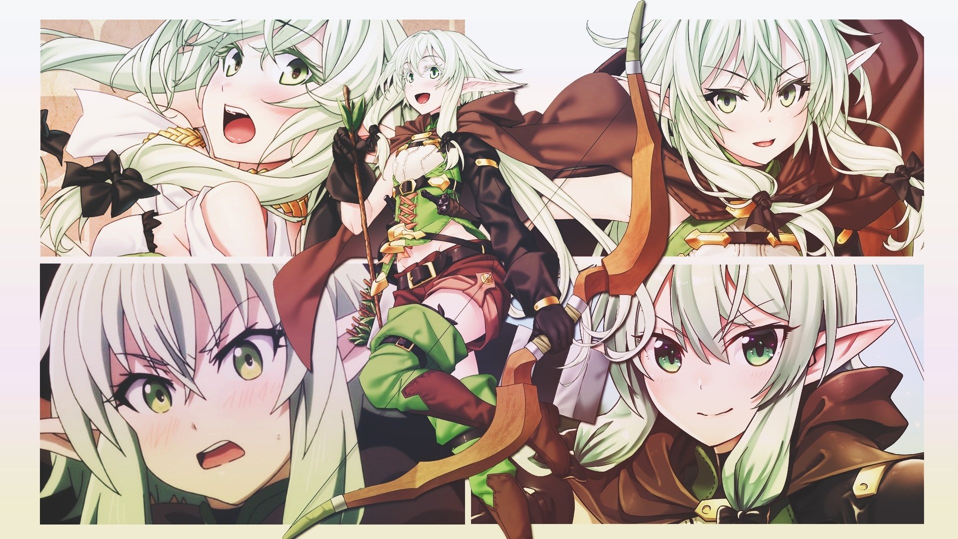 HD wallpaper featuring High Elf Archer from Goblin Slayer anime, showcasing various expressions and action poses in a vibrant collage.