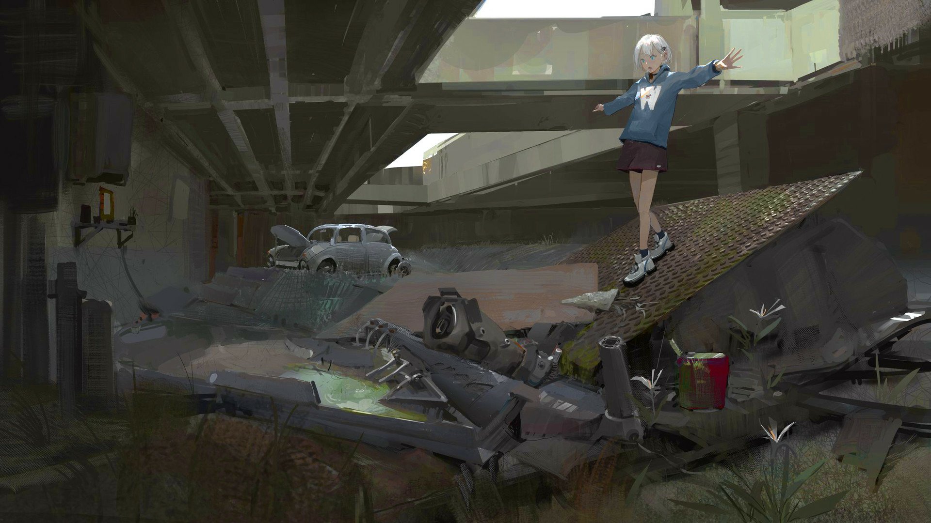 HD anime-style desktop wallpaper featuring an original artwork of a girl standing on debris near a vintage car in a dim, industrial setting.
