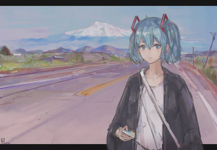 Anime-style HD desktop wallpaper featuring Hatsune Miku with aqua eyes and blue hair standing by a road with mountains in the background.