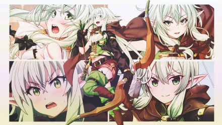 HD wallpaper featuring High Elf Archer from Goblin Slayer anime, showcasing various expressions and action poses in a vibrant collage.