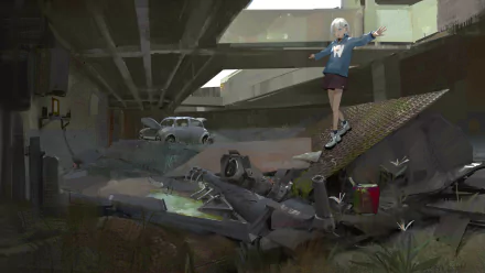 HD anime-style desktop wallpaper featuring an original artwork of a girl standing on debris near a vintage car in a dim, industrial setting.
