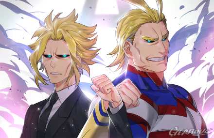 HD anime desktop wallpaper featuring Toshinori Yagi and All Might from My Hero Academia, showcasing their contrasting expressions and dynamic presence.