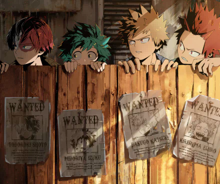 HD wallpaper featuring Eijiro Kirishima, Shoto Todoroki, Katsuki Bakugou, and Izuku Midoriya from My Hero Academia, peeking over a wooden fence with wanted posters.