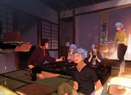 HD PC desktop wallpaper featuring Rei, Natsuo, Fuyumi, Endeavor, and Shoto Todoroki from the anime My Hero Academia in a cozy traditional room setting.