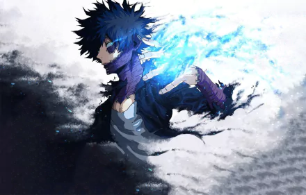 HD desktop wallpaper featuring Dabi from My Hero Academia, depicted with dynamic blue flames in an animated style.