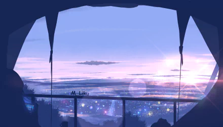 An anime-style HD desktop wallpaper showing a serene cityscape at dusk, viewed from a balcony with curtains framing the scene. The sky is gradient blue with hints of pink from the setting sun.