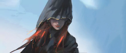 HD PC desktop wallpaper of a mysterious hooded figure with glowing red hair, inspired by the comic GhostBlade.