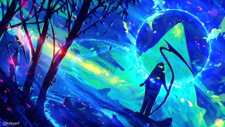HD anime original desktop wallpaper depicting a mysterious figure with a scythe standing in a vibrant, glowing forest under a large, luminous moon.