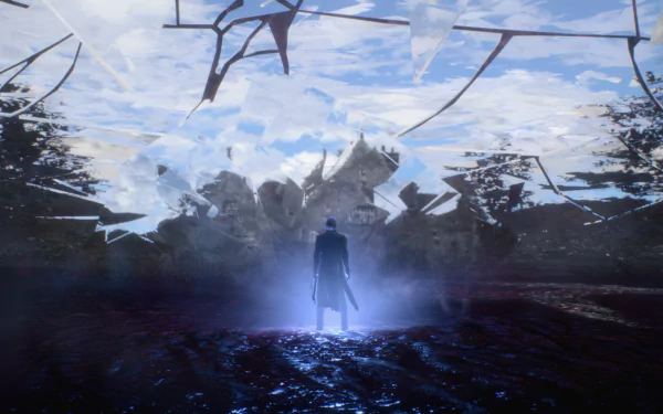 HD PC desktop wallpaper featuring Vergil from Devil May Cry 5 standing in a dark, shattered environment with a glowing blue aura.