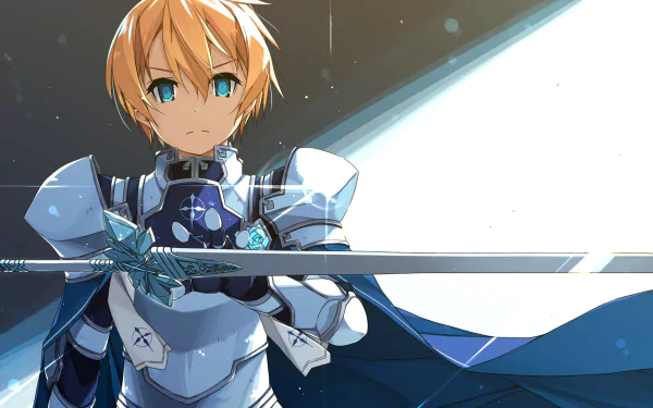 Eugeo from Sword Art Online: Alicization is depicted in detailed armor holding a sword, featured in an HD anime desktop wallpaper background.