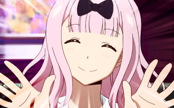 HD desktop wallpaper featuring Chika Fujiwara from the anime Kaguya-sama: Love is War, with a cheerful expression, pink hair, and a black bow.