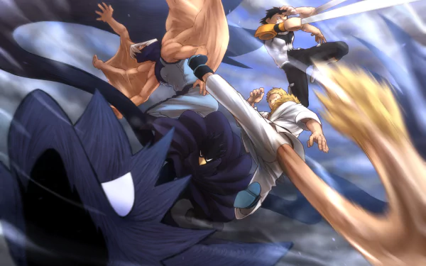 HD PC desktop wallpaper featuring Hanta Sero, Denki Kaminari, and Fumikage Tokoyami from the anime My Hero Academia in dynamic action poses.