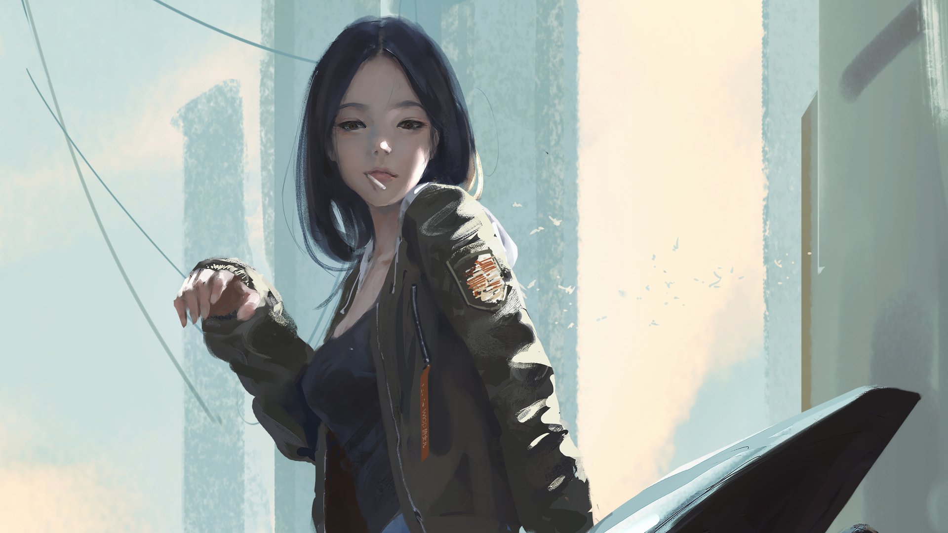 A fantasy-themed 4K Ultra HD wallpaper featuring a woman with dark hair wearing a stylish jacket, set against a backdrop of towering structures and a soft, ethereal sky.