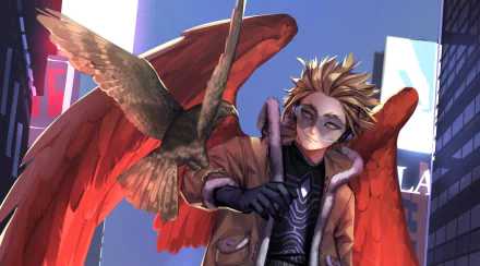 HD anime desktop wallpaper featuring Keigo Takami, also known as Hawks from My Hero Academia, with vibrant red wings and urban cityscape background.